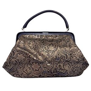 El Portal Blue Gold Tooled Leather Kiss Lock Frame Bag Floral Top Handle Purse